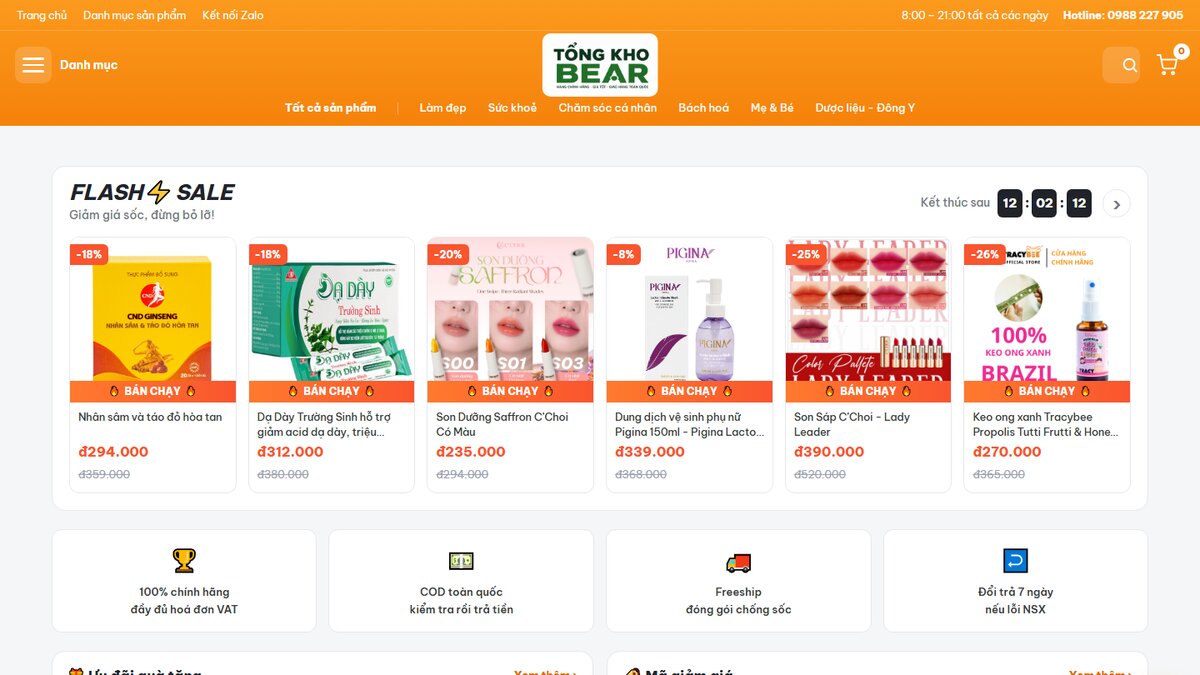 Giao diện trang chủ website thương mại điện tử Tổng Kho Bear do WebSEO thiết kế