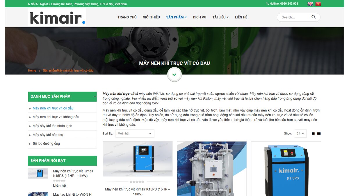 Trang danh mục sản phẩm website máy nén khí Kimair do WebSEO thiết kế