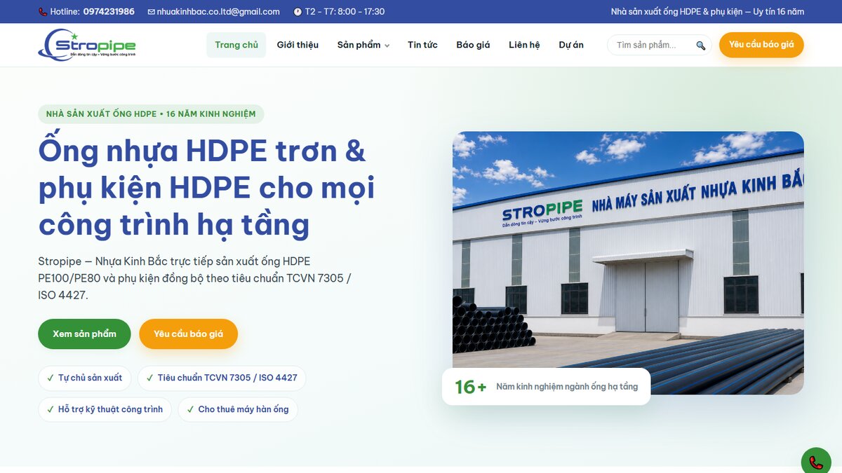 Trang chủ website Nhựa Kinh Bắc – Stropipe do WebSEO thiết kế