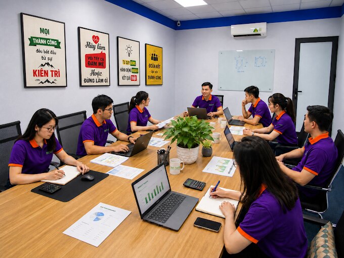 Đội ngũ Công ty WebSEO họp triển khai dự án thiết kế website tại văn phòng Phúc Lợi, Hà Nội