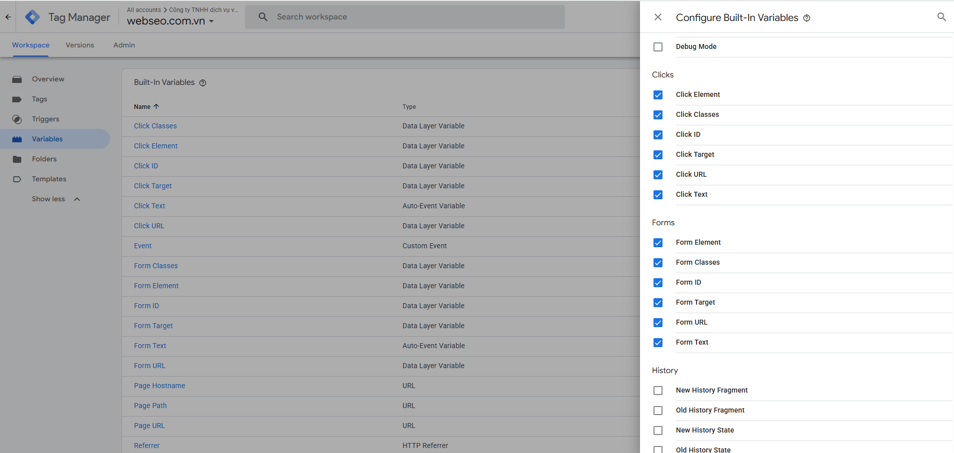 Bật built-in click variables trong GTM