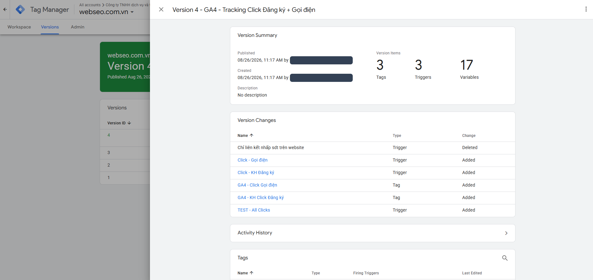 Version Summary của GTM