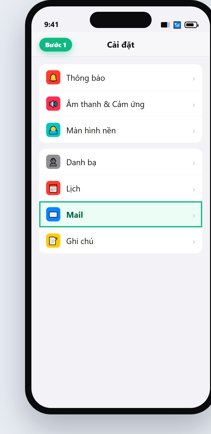 Cài đặt iPhone chọn Mail