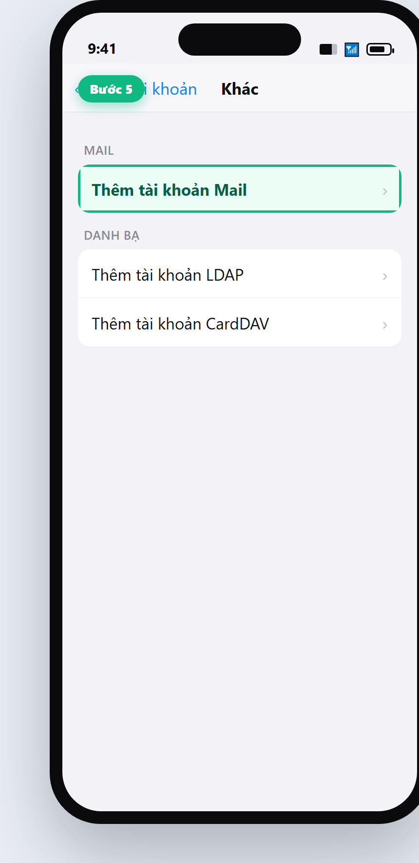 Chọn Thêm tài khoản Mail