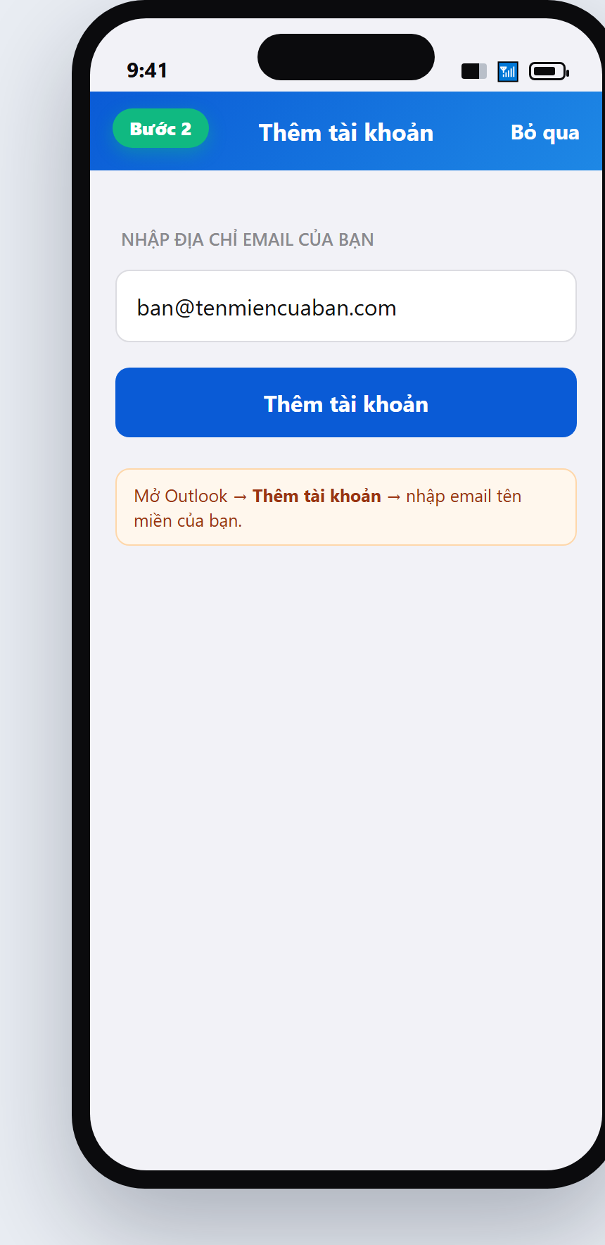 Outlook thêm tài khoản nhập email