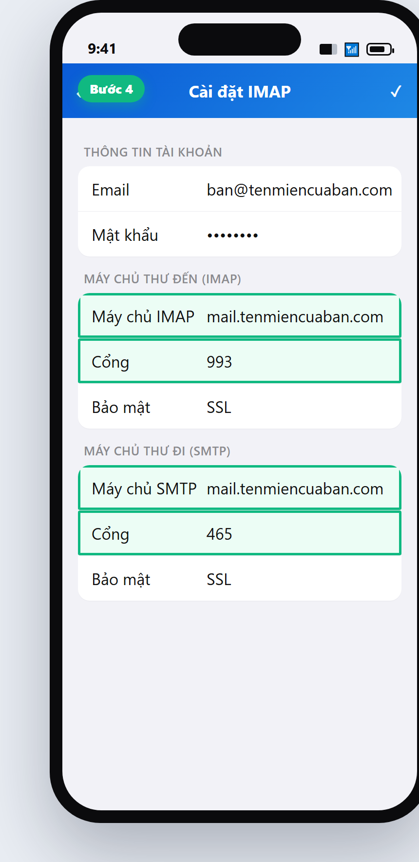 Outlook nhập máy chủ IMAP SMTP