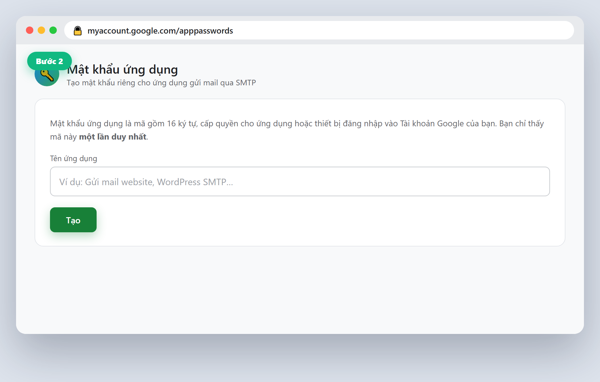 Trang tạo mật khẩu ứng dụng của Google