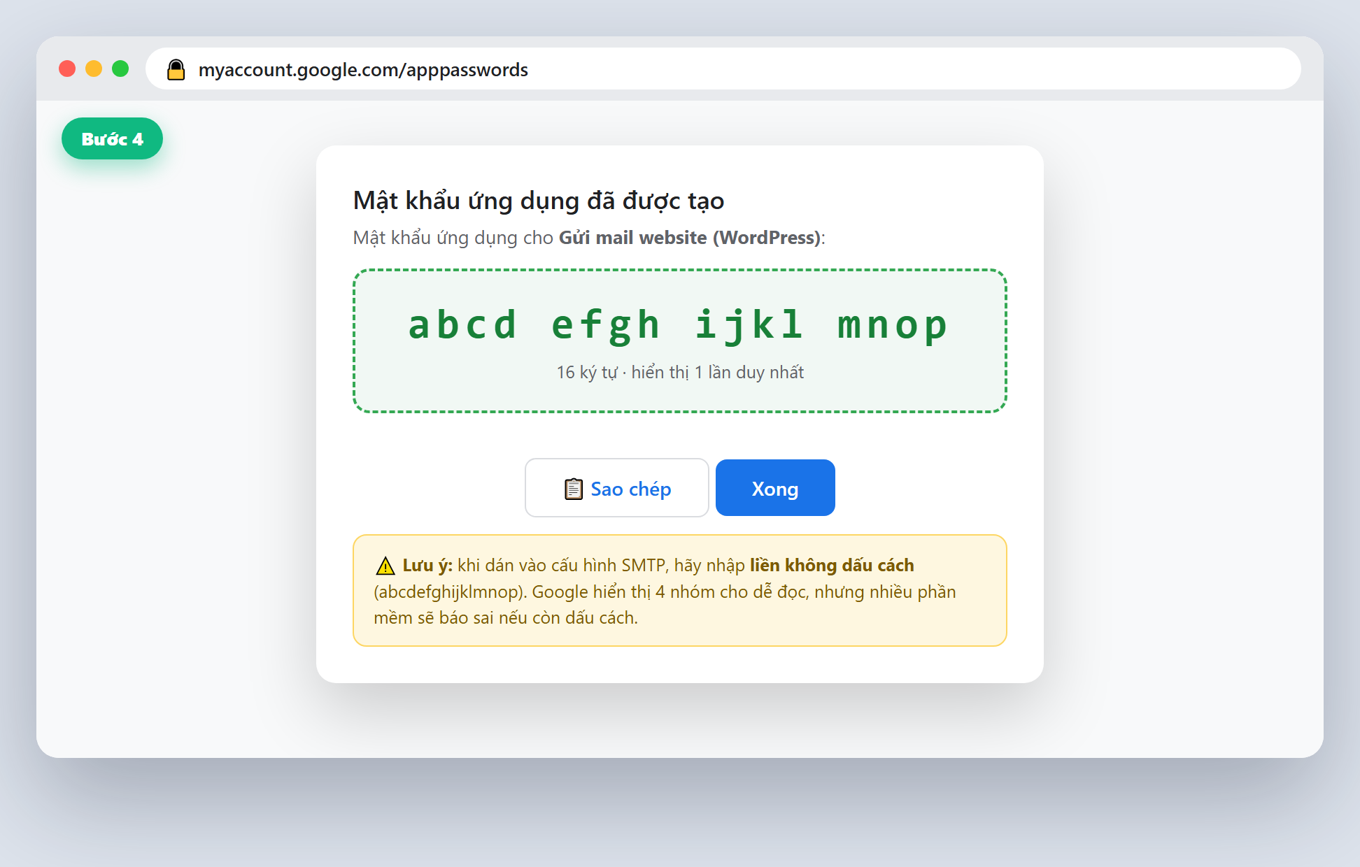 Google hiển thị mã ứng dụng 16 ký tự