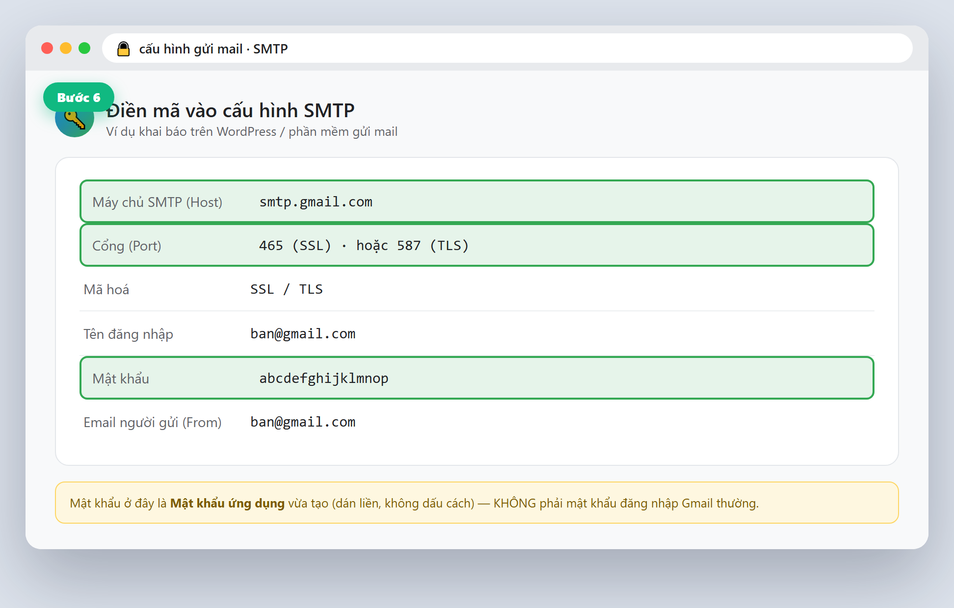 Điền mã vào cấu hình SMTP